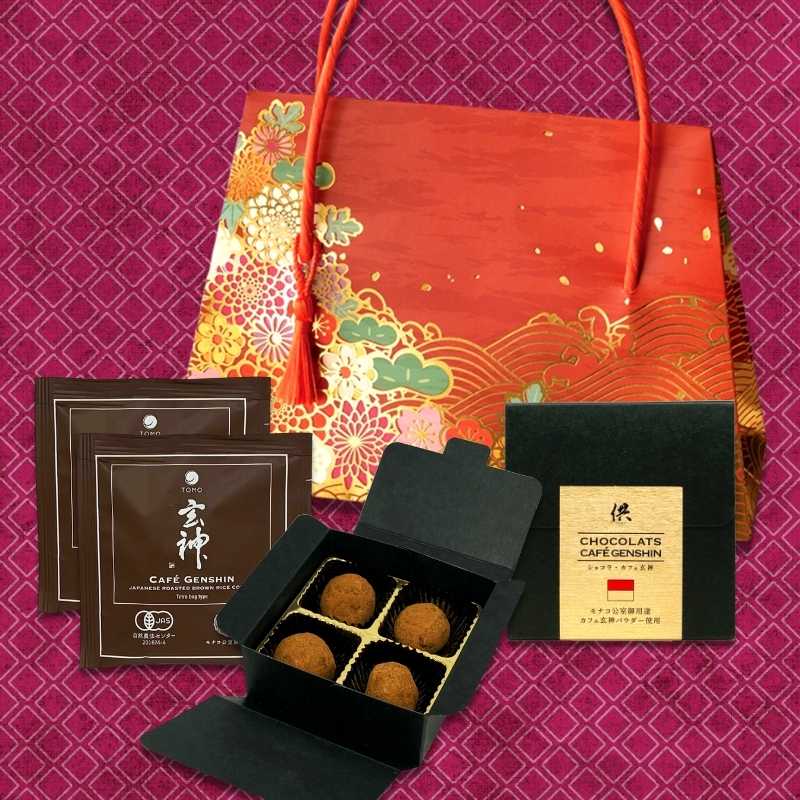 Japanese Wagara Pattern Pouch with Chocolates & Genshin brown rice coffee