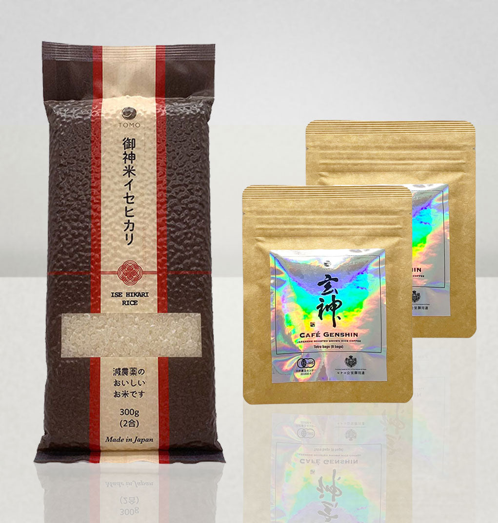 Japanese Gifts Set Isehikari Rice & Café Genshin Organic Premium Roasted Brown Rice Coffee (8 tetra bags x2)
