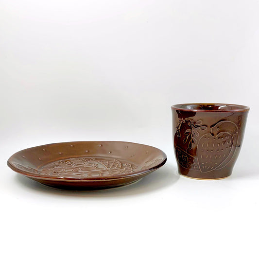 Café Genshin Cup & Plate Set [Hasami Ware] Forest & Bird (Brown)